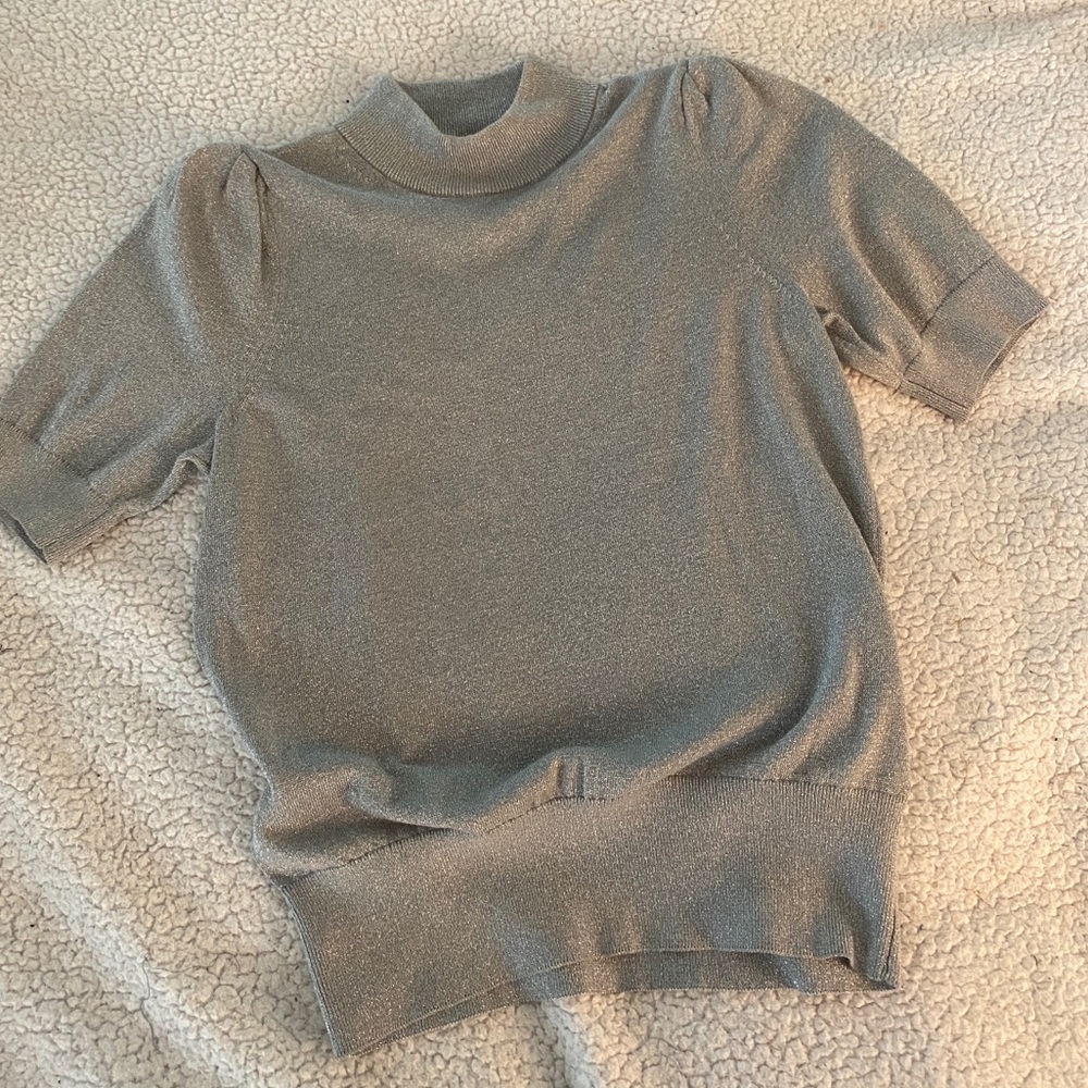 Michael Kors SMALL Silver metallic/ lurex mock neck short sleeve knit top